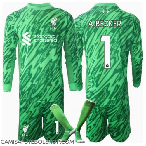 Camisa de time de futebol Liverpool Alisson Becker #1 Goleiro Replicas 2º Equipamento Infantil 2024-25 Manga Comprida (+ Calças curtas)